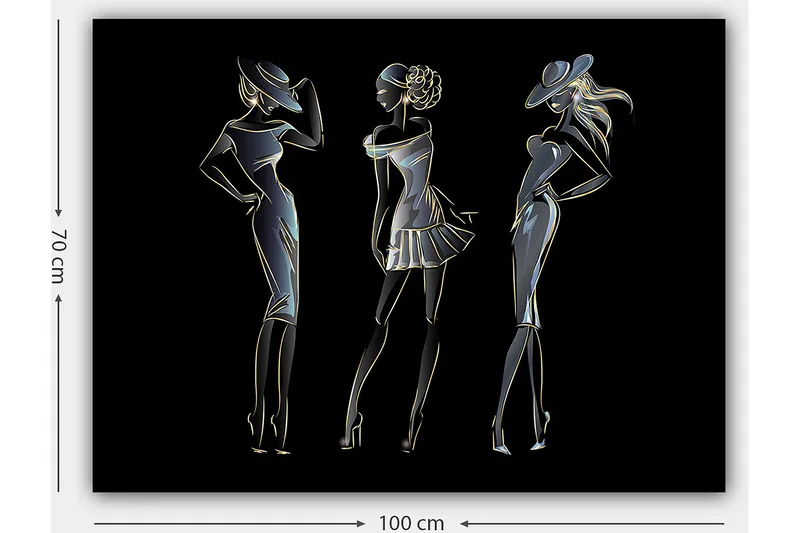 Canvas taulu 70x100 cm - Kolmen elegantin naisen siluetit muodikkaissa vaatteissa - Musta / Kulta / Valkoinen - Sisustustuotteet - Taulu & taide - Canvas-taulu