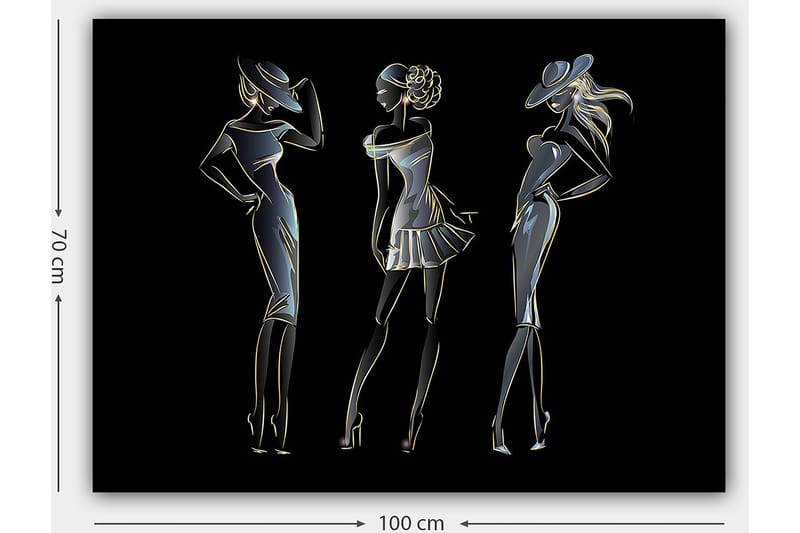 Canvas taulu 70x100 cm - Kolmen elegantin naisen siluetit muodikkaissa vaatteissa - Musta / Kulta / Valkoinen - Sisustustuotteet - Taulu & taide - Canvas-taulu