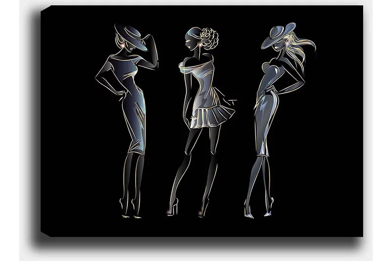 Canvas taulu 70x100 cm - Kolmen elegantin naisen siluetit muodikkaissa vaatteissa - Musta / Kulta / Valkoinen - Sisustustuotteet - Taulu & taide - Canvas-taulu