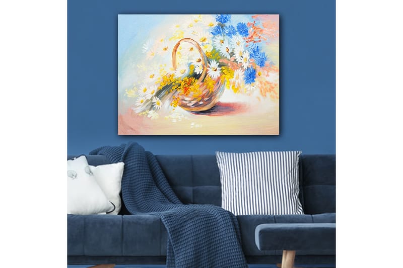Canvas taulu 70x100 cm - Kori täynnä värikkäitä kukkia - Sininen / Valkoinen / Keltainen - Sisustustuotteet - Taulu & taide - Canvas-taulu