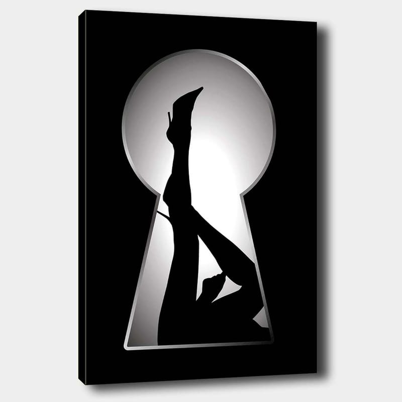 Canvas taulu 70x100 cm - Korkokenkien naisen siluetti avaimenreiästä, Musta / Valkoinen