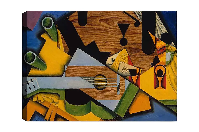 Canvas taulu 70x100 cm - Kubistinen sommitelma kitaralla ja erilaisilla geometrisilla muodoilla, Vihreä / Keltainen / Sininen