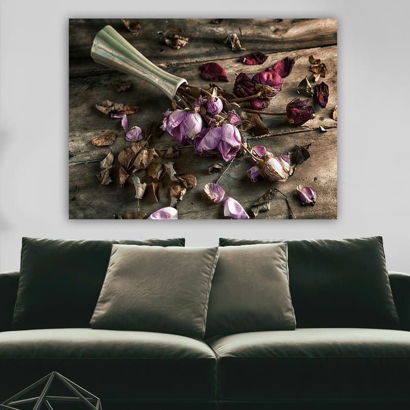 Canvas taulu 70x100 cm - Kuivattuja ruusuja ja lehtiä kauniissa sommitelmassa - Violetti / Ruskea / Vihreä - Sisustustuotteet - Taulu & taide - Canvas-taulu