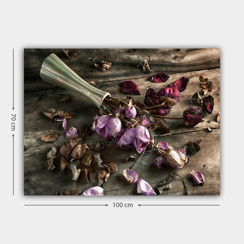 Canvas taulu 70x100 cm - Kuivattuja ruusuja ja lehtiä kauniissa sommitelmassa - Violetti / Ruskea / Vihreä - Sisustustuotteet - Taulu & taide - Canvas-taulu