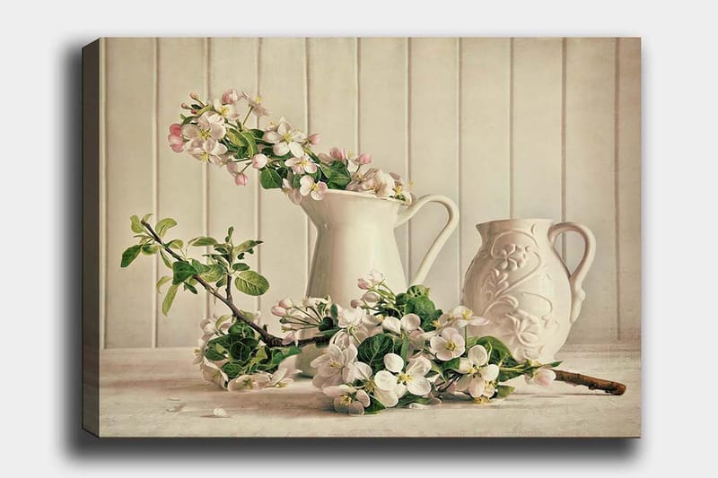Canvas taulu 70x100 cm - Kukka-asetelma valkoisilla kannuilla ja oksilla rauhallisessa sommitelmassa, Valkoinen / Vaaleanpunainen / Vihreä
