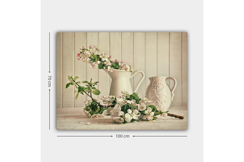 Canvas taulu 70x100 cm - Kukka-asetelma valkoisilla kannuilla ja oksilla rauhallisessa sommitelmassa - Valkoinen / Vaaleanpunainen / Vihreä - Sisustustuotteet - Taulu & taide - Canvas-taulu