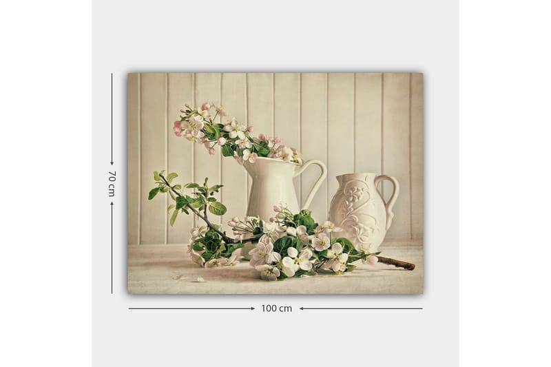 Canvas taulu 70x100 cm - Kukka-asetelma valkoisilla kannuilla ja oksilla rauhallisessa sommitelmassa - Valkoinen / Vaaleanpunainen / Vihreä - Sisustustuotteet - Taulu & taide - Canvas-taulu