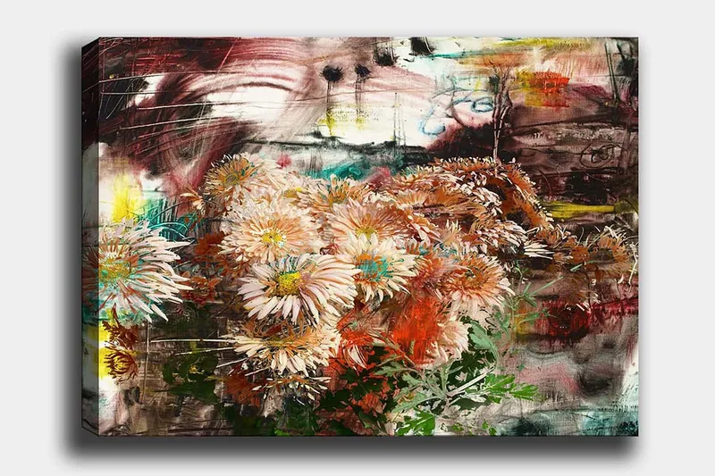 Canvas taulu 70x100 cm - Kukkakimppu eri vaaleanpunaisen ja oranssin sävyissä, Vaaleanpunainen / Oranssi / Vihreä