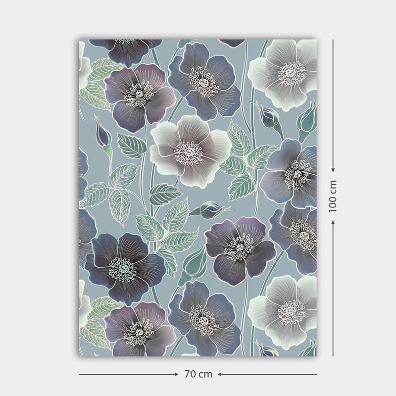 Canvas taulu 70x100 cm - Kukkia eri sinisen ja violetin sävyissä yksityiskohtaisilla lehdillä - Tummansininen / Vaaleansininen / Violetti - Sisustustuotteet - Taulu & taide - Canvas-taulu