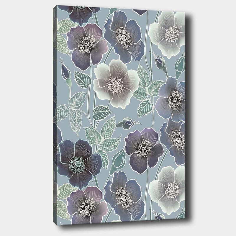 Canvas taulu 70x100 cm - Kukkia eri sinisen ja violetin sävyissä yksityiskohtaisilla lehdillä, Tummansininen / Vaaleansininen / Violetti