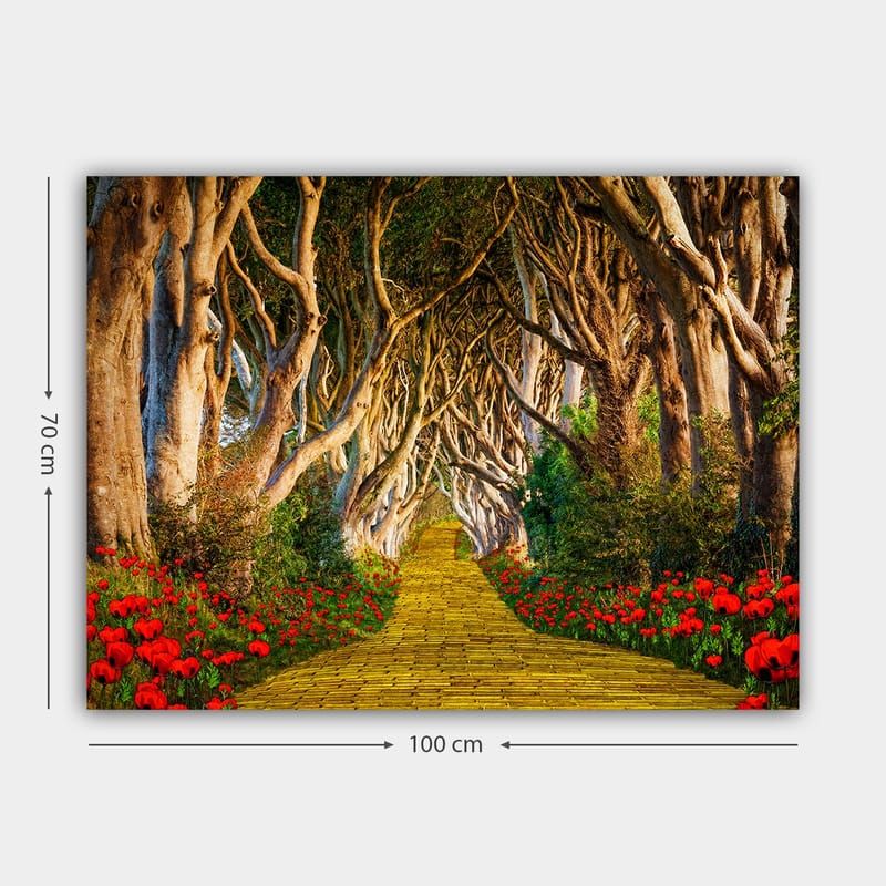 Canvas taulu 70x100 cm - Kukkien reunustama maaginen polku puiden muodostaman tunnelin läpi - Keltainen / Vihreä / Punainen - Sisustustuotteet - Taulu & taide - Canvas-taulu