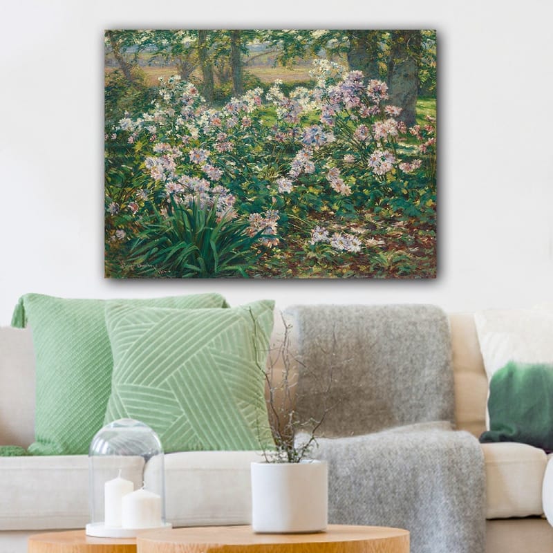 Canvas taulu 70x100 cm - Kukkiva puutarha värikkäillä kukilla rehevässä ympäristössä - Vihreä / Vaaleanpunainen / Valkoinen - Sisustustuotteet - Taulu & taide - Canvas-taulu