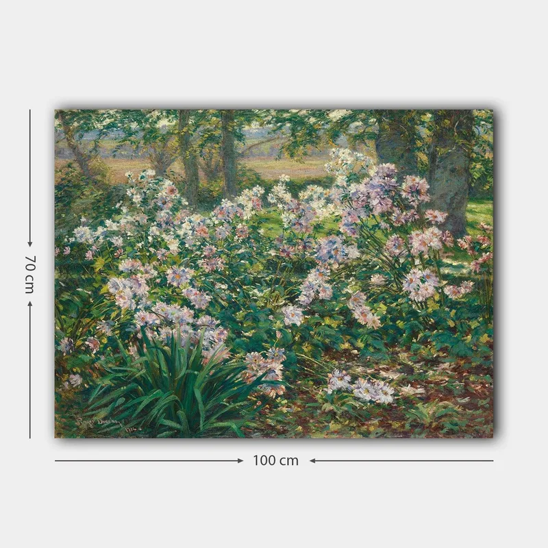 Canvas taulu 70x100 cm - Kukkiva puutarha värikkäillä kukilla rehevässä ympäristössä - Vihreä / Vaaleanpunainen / Valkoinen - Sisustustuotteet - Taulu & taide - Canvas-taulu