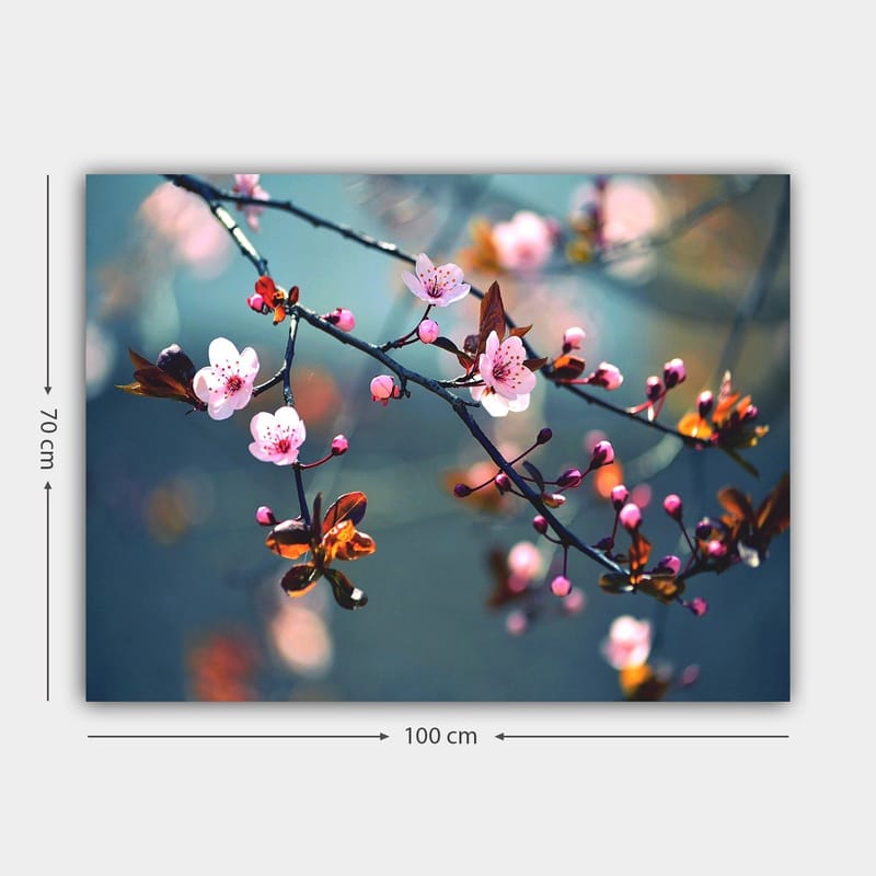 Canvas taulu 70x100 cm - Kukkivat kirsikanoksat vaaleanpunaisilla kukilla ja ruskeilla lehdillä - Vaaleanpunainen / Ruskea / Vihreä - Sisustustuotteet - Taulu & taide - Canvas-taulu