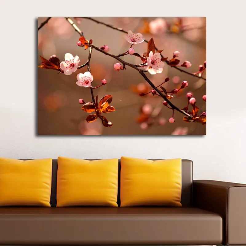 Canvas taulu 70x100 cm - Kukkivat kirsikanoksat vaaleanpunaisilla kukilla ja ruskeilla lehdillä - Vaaleanpunainen / Ruskea - Sisustustuotteet - Taulu & taide - Canvas-taulu