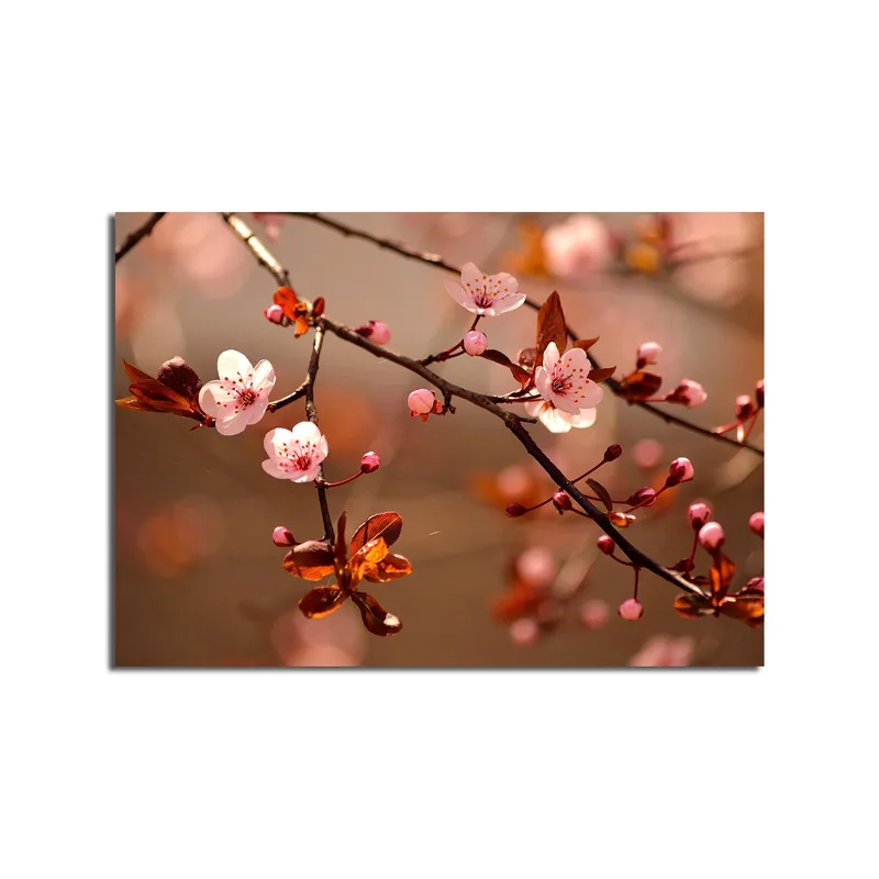 Canvas taulu 70x100 cm - Kukkivat kirsikanoksat vaaleanpunaisilla kukilla ja ruskeilla lehdillä - Vaaleanpunainen / Ruskea - Sisustustuotteet - Taulu & taide - Canvas-taulu