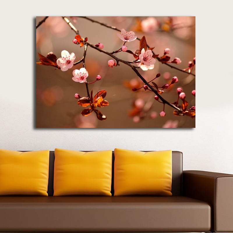 Canvas taulu 70x100 cm - Kukkivat kirsikanoksat vaaleanpunaisilla kukilla ja ruskeilla lehdillä - Vaaleanpunainen / Ruskea - Sisustustuotteet - Taulu & taide - Canvas-taulu