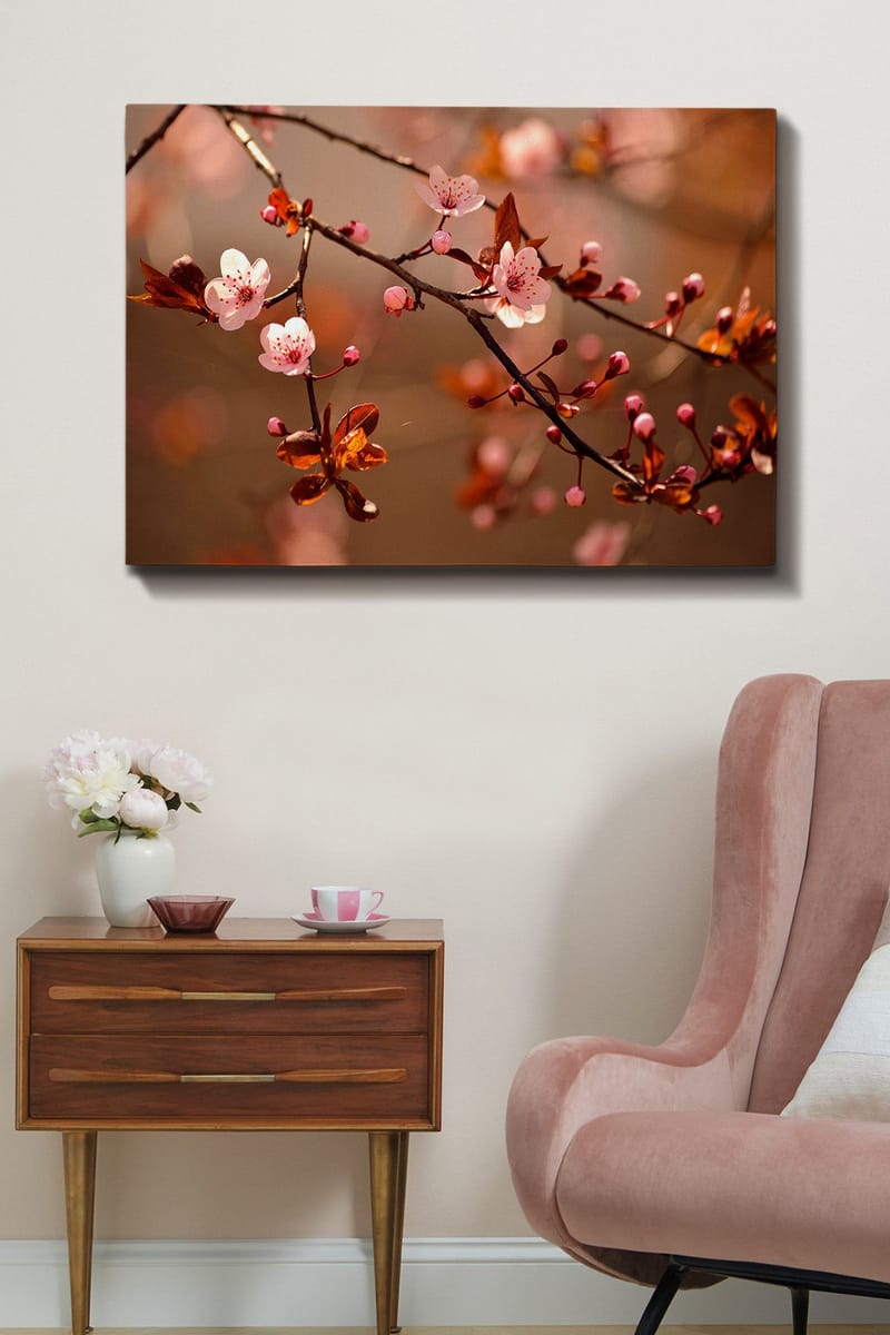 Canvas taulu 70x100 cm - Kukkivat kirsikanoksat vaaleanpunaisilla kukilla ja silmuilla - Vaaleanpunainen / Ruskea / Tummanpunainen - Sisustustuotteet - Taulu & taide - Canvas-taulu