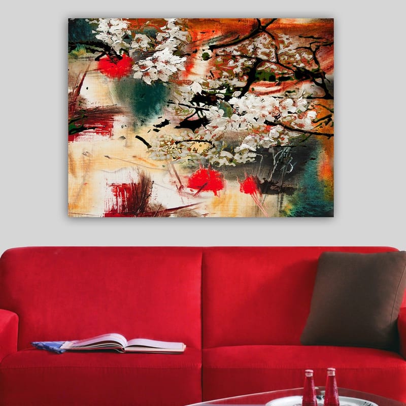 Canvas taulu 70x100 cm - Kukkivia kirsikkapuita abstraktissa sommitelmassa voimakkailla väreillä - Valkoinen / Punainen / Oranssi - Sisustustuotteet - Taulu & taide - Canvas-taulu