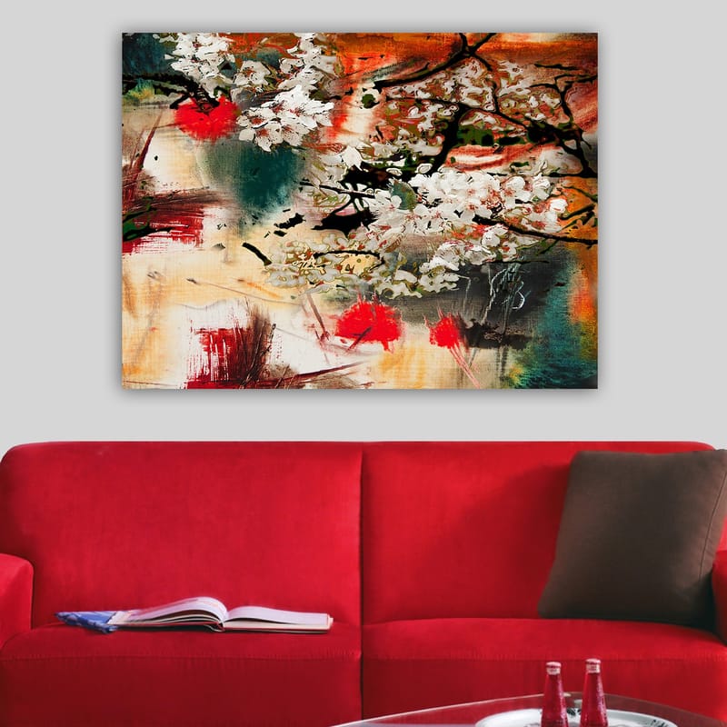 Canvas taulu 70x100 cm - Kukkivia kirsikkapuita abstraktissa sommitelmassa voimakkailla väreillä - Valkoinen / Punainen / Oranssi - Sisustustuotteet - Taulu & taide - Canvas-taulu