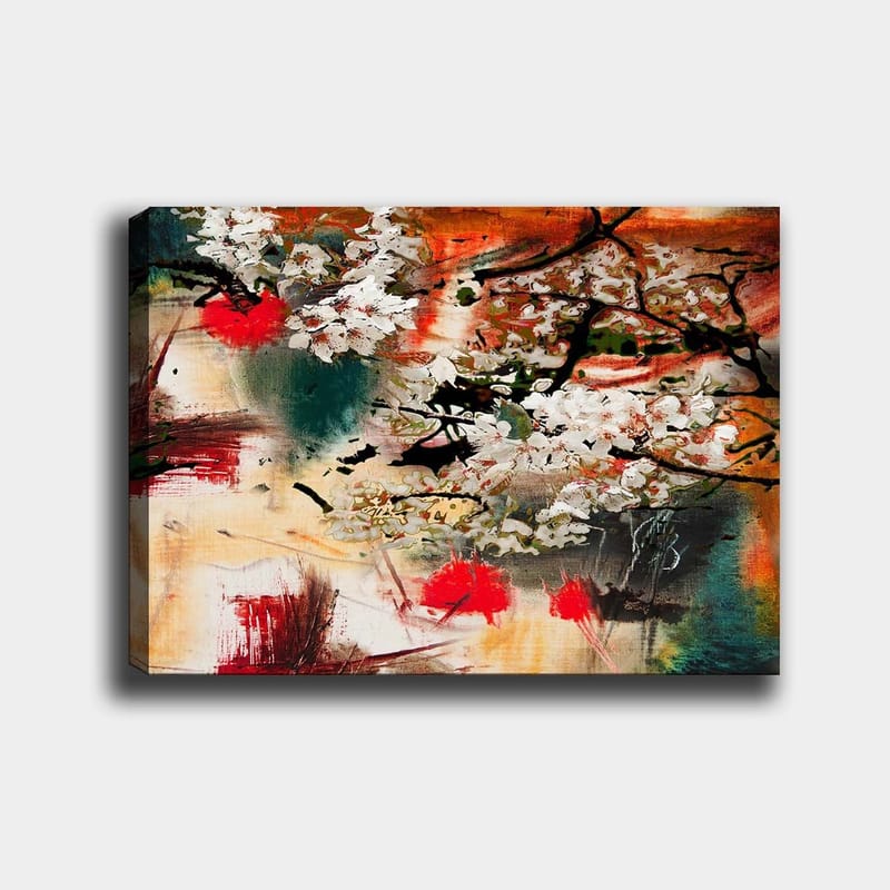 Canvas taulu 70x100 cm - Kukkivia kirsikkapuita abstraktissa sommitelmassa voimakkailla väreillä, Valkoinen / Punainen / Oranssi