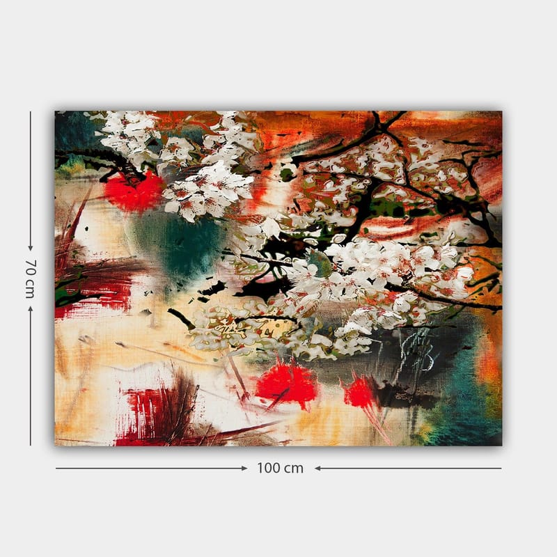 Canvas taulu 70x100 cm - Kukkivia kirsikkapuita abstraktissa sommitelmassa voimakkailla väreillä - Valkoinen / Punainen / Oranssi - Sisustustuotteet - Taulu & taide - Canvas-taulu