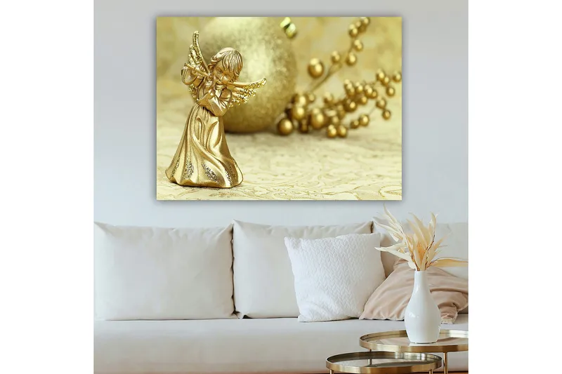 Canvas taulu 70x100 cm - Kultainen enkeli soittaa huilua koriste-elementtien ympäröimänä - Kulta / Beige - Sisustustuotteet - Taulu & taide - Canvas-taulu