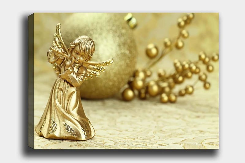 Canvas taulu 70x100 cm - Kultainen enkeli soittaa huilua koriste-elementtien ympäröimänä, Kulta / Beige