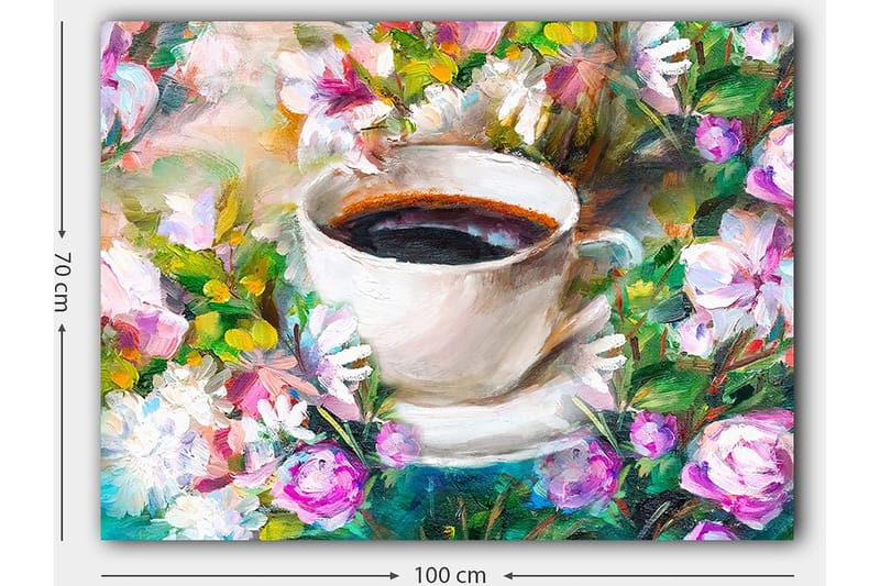 Canvas taulu 70x100 cm - Kuppi kahvia värikkäiden kukkien ympäröimänä - Valkoinen / Vihreä / Vaaleanpunainen - Sisustustuotteet - Taulu & taide - Canvas-taulu