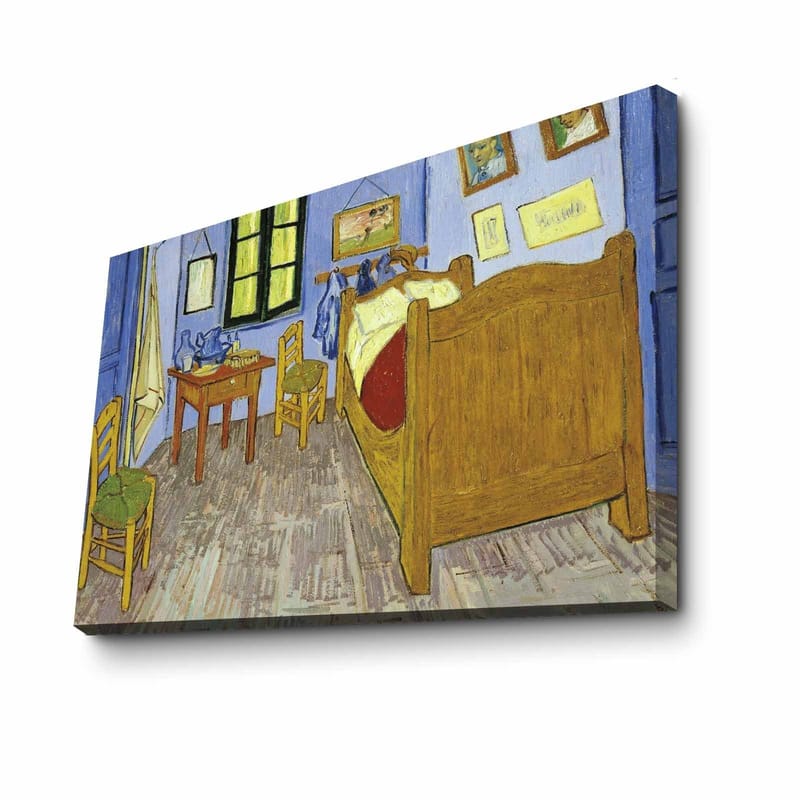 Canvas taulu 70x100 cm - Kutsuva ja värikäs kuva huoneesta, jossa on sänky, tuoleja ja pöytä - Sininen / Keltainen / Ruskea - Sisustustuotteet - Taulu & taide - Canvas-taulu