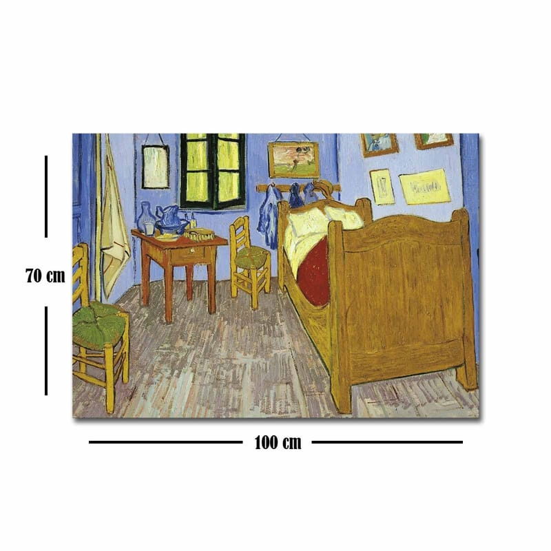 Canvas taulu 70x100 cm - Kutsuva ja värikäs kuva huoneesta, jossa on sänky, tuoleja ja pöytä - Sininen / Keltainen / Ruskea - Sisustustuotteet - Taulu & taide - Canvas-taulu