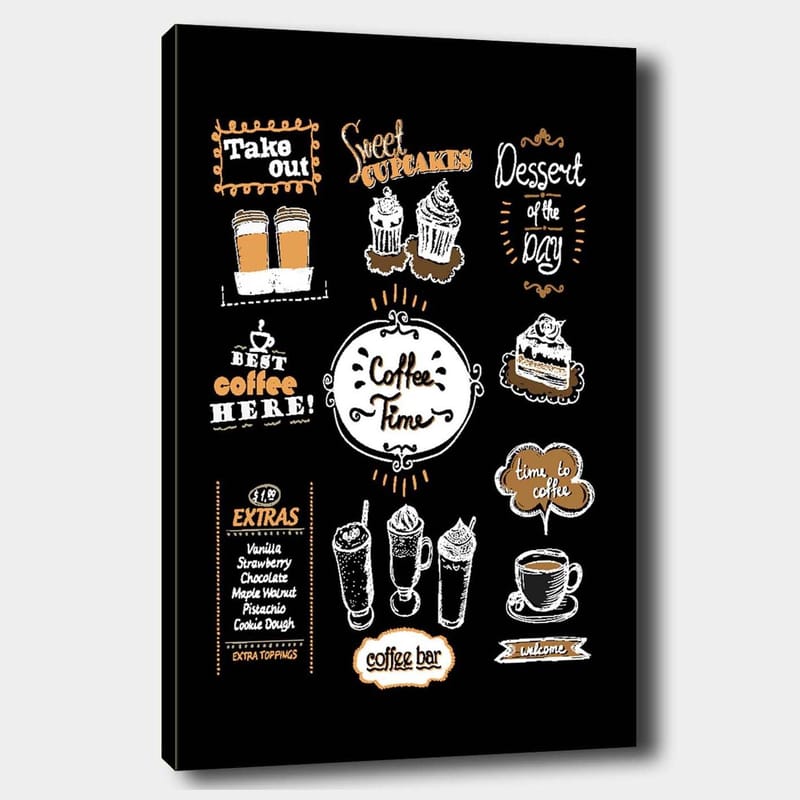 Canvas taulu 70x100 cm - Kutsuva kahviteemainen juliste, jossa korostetaan erilaisia kahvijuomia ja leivonnaisia, Valkoinen / Oranssi / Musta