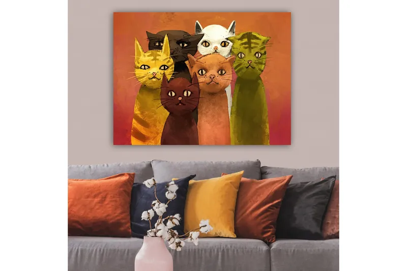 Canvas taulu 70x100 cm - Kuuden eri sävyisen värikkään kissan ryhmä seisoo yhdessä - Keltainen / Ruskea / Vihreä - Sisustustuotteet - Taulu & taide - Canvas-taulu