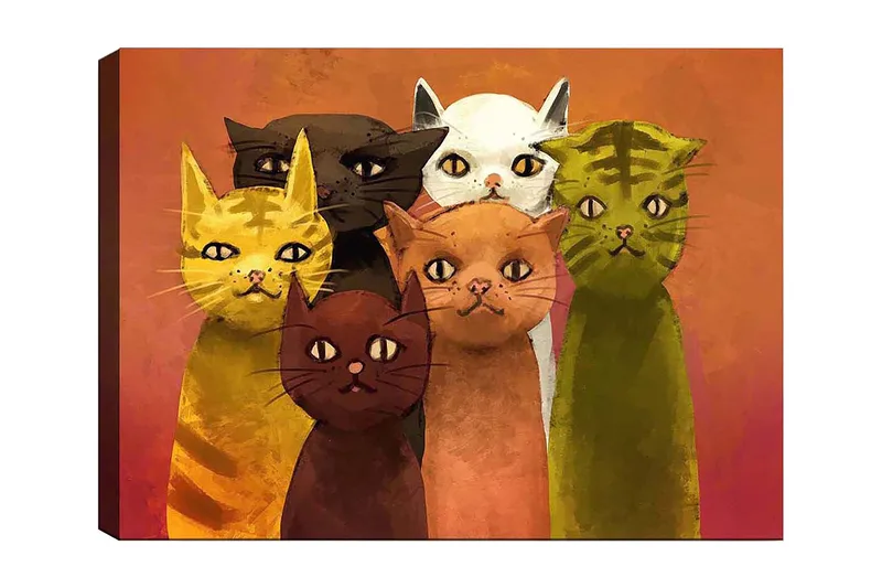 Canvas taulu 70x100 cm - Kuuden eri sävyisen värikkään kissan ryhmä seisoo yhdessä, Keltainen / Ruskea / Vihreä
