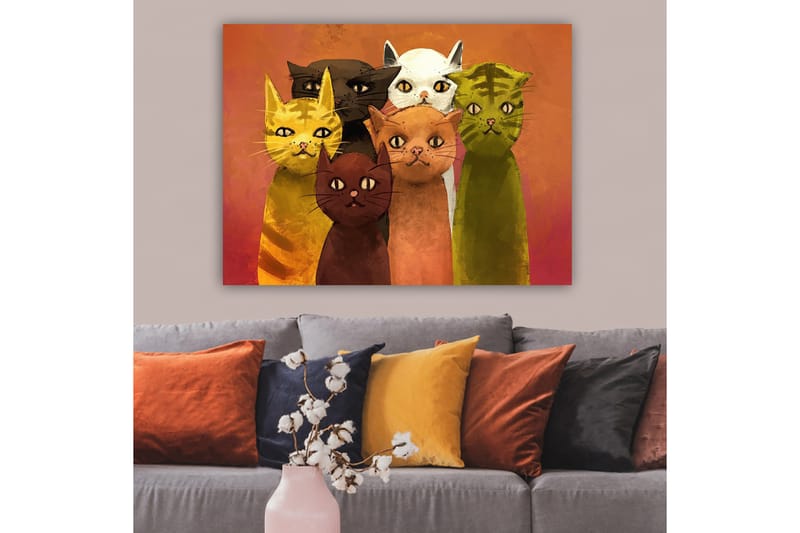 Canvas taulu 70x100 cm - Kuuden eri sävyisen värikkään kissan ryhmä seisoo yhdessä - Keltainen / Ruskea / Vihreä - Sisustustuotteet - Taulu & taide - Canvas-taulu