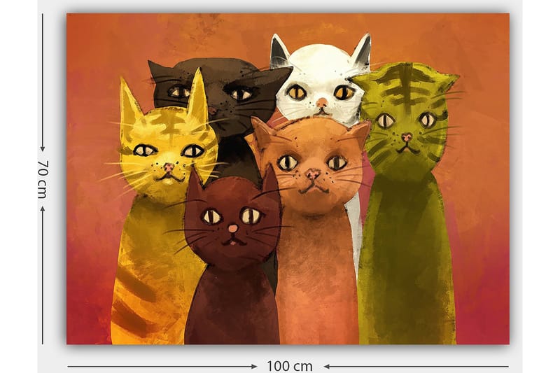 Canvas taulu 70x100 cm - Kuuden eri sävyisen värikkään kissan ryhmä seisoo yhdessä - Keltainen / Ruskea / Vihreä - Sisustustuotteet - Taulu & taide - Canvas-taulu