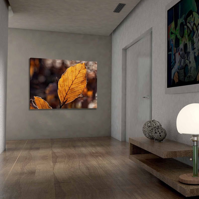 Canvas taulu 70x100 cm - Lähikuva kultaisesta syksyn lehdestä yksityiskohtaisine suonineen - Kultaoranssi / Ruskea - Sisustustuotteet - Taulu & taide - Canvas-taulu