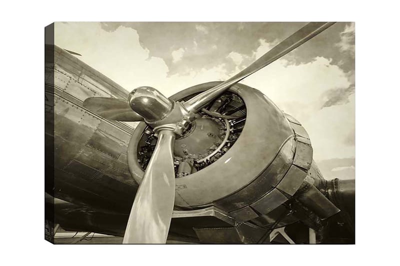 Canvas taulu 70x100 cm - Lähikuva lentokoneen potkurista ja moottorista vintage-tyyliin, Harmaa / Hopea