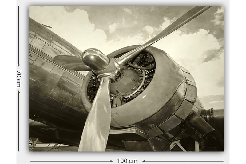 Canvas taulu 70x100 cm - Lähikuva lentokoneen potkurista ja moottorista vintage-tyyliin - Harmaa / Hopea - Sisustustuotteet - Taulu & taide - Canvas-taulu