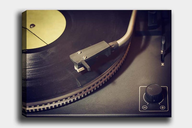 Canvas taulu 70x100 cm - Lähikuva levysoittimesta, jossa on vinyylilevy ja äänivarsi, Musta / Harmaa / Keltainen