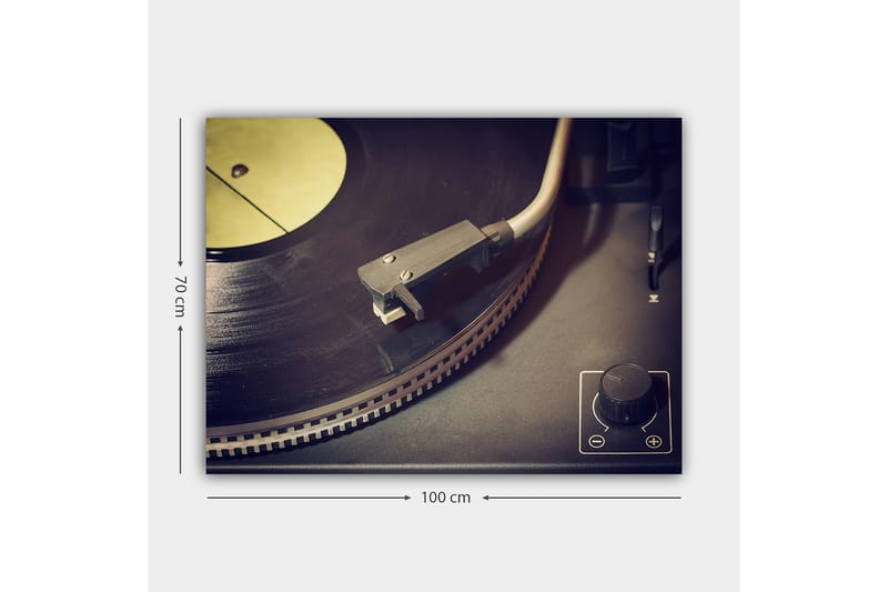 Canvas taulu 70x100 cm - Lähikuva levysoittimesta, jossa on vinyylilevy ja äänivarsi - Musta / Harmaa / Keltainen - Sisustustuotteet - Taulu & taide - Canvas-taulu