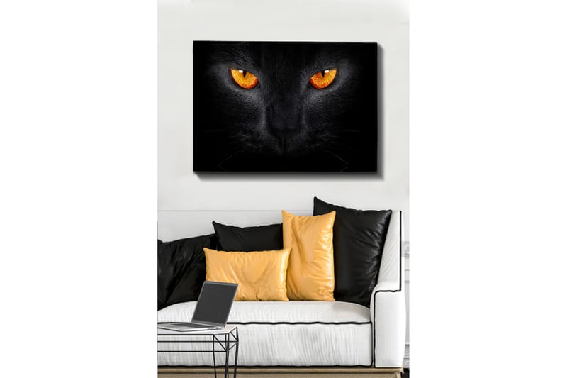 Canvas taulu 70x100 cm - Lähikuva mustasta kissan päästä ja sen intensiivisistä silmistä, Musta / Oranssi