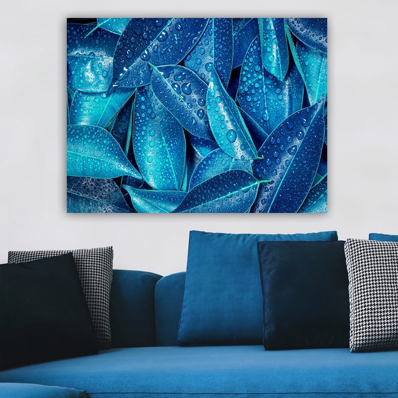 Canvas taulu 70x100 cm - Lähikuva vesipisaroista vihreillä lehdillä luoden raikkaan ja eloisan tunnelman - Sininen / Turkoosi - Sisustustuotteet - Taulu & taide - Canvas-taulu