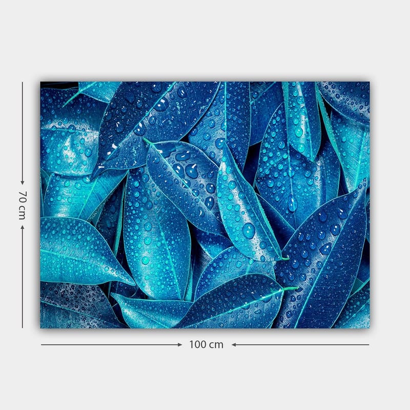 Canvas taulu 70x100 cm - Lähikuva vesipisaroista vihreillä lehdillä luoden raikkaan ja eloisan tunnelman - Sininen / Turkoosi - Sisustustuotteet - Taulu & taide - Canvas-taulu