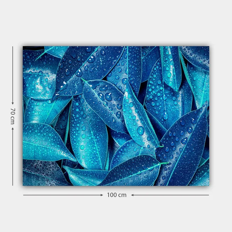 Canvas taulu 70x100 cm - Lähikuva vesipisaroista vihreillä lehdillä luoden raikkaan ja eloisan tunnelman - Sininen / Turkoosi - Sisustustuotteet - Taulu & taide - Canvas-taulu