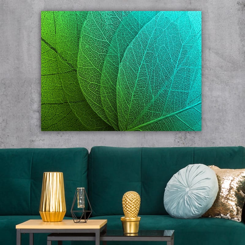 Canvas taulu 70x100 cm - Lähikuva vihreistä ja turkooseista lehdistä yksityiskohtaisilla juovilla - Vihreä / Turkoosi - Sisustustuotteet - Taulu & taide - Canvas-taulu