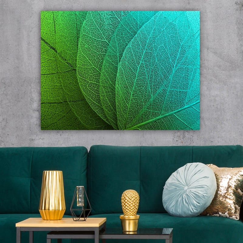 Canvas taulu 70x100 cm - Lähikuva vihreistä ja turkooseista lehdistä yksityiskohtaisilla juovilla - Vihreä / Turkoosi - Sisustustuotteet - Taulu & taide - Canvas-taulu