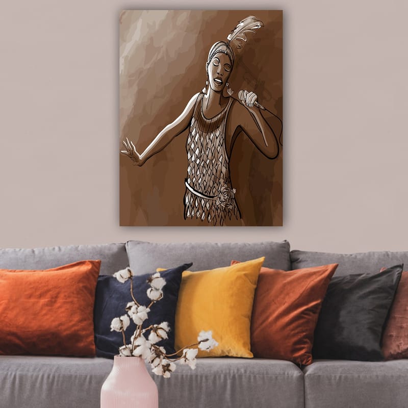 Canvas taulu 70x100 cm - Laulaja kimaltelevassa mekossa esittää voimakkaan laulun - Ruskea / Beige / Valkoinen - Sisustustuotteet - Taulu & taide - Canvas-taulu