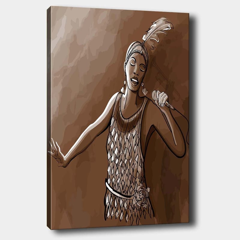 Canvas taulu 70x100 cm - Laulaja kimaltelevassa mekossa esittää voimakkaan laulun, Ruskea / Beige / Valkoinen