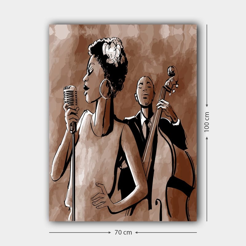 Canvas taulu 70x100 cm - Laulaja mikrofonin edessä basisti taustalla - Tummanruskea / Beige / Musta - Sisustustuotteet - Taulu & taide - Canvas-taulu